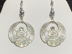 NEW-HANDCRAFTED VINTAGE EGYPTIAN REVIVAL SILVER-WINGED SCARAB EARRINGS w/CRYSTAL