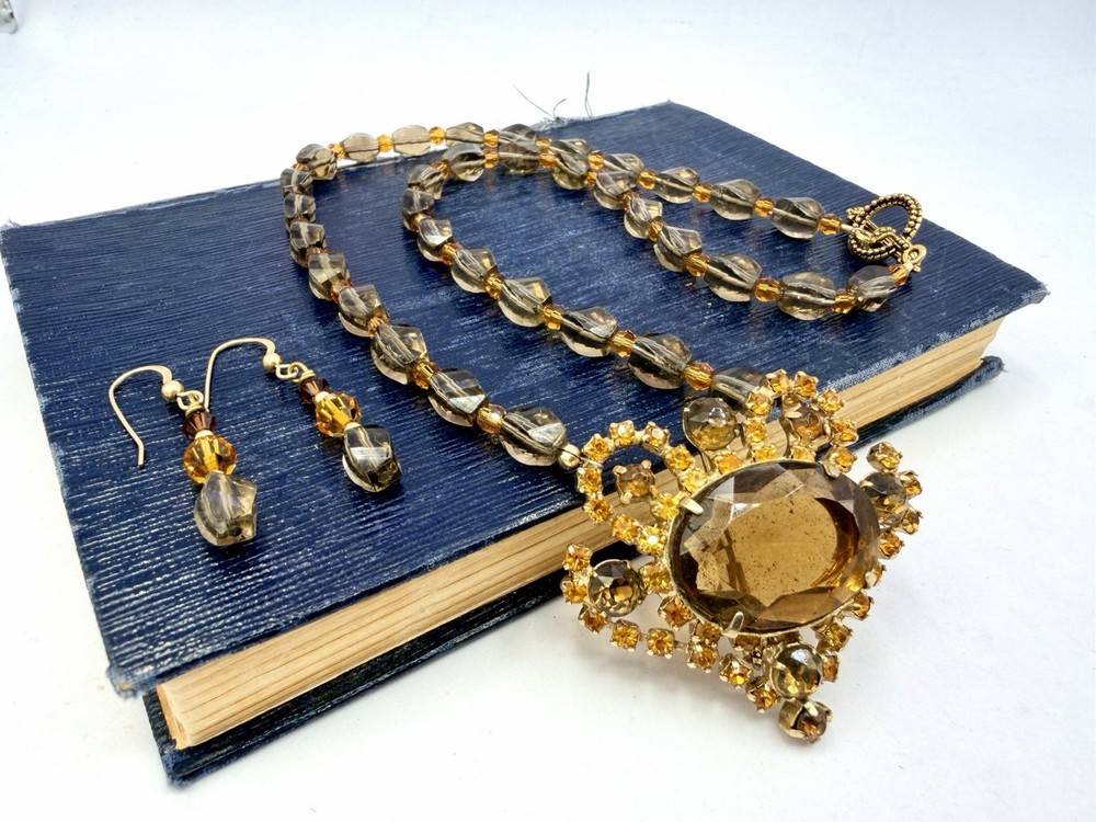 Artisan Smoky Quartz Bead Necklace & Earrings Set Orange Rhinestone Sterling TU