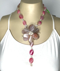 Pink Agate Flower Pendant Freshwater Pearl Necklace Handmade Statement 795