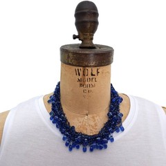 Vintage Blue Choker beaded multi-strand necklace Tear drop Adjustable Bohemian