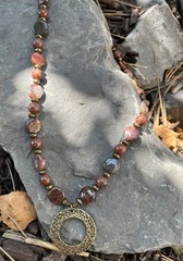 Mookaite Jasper Necklace with Brass Pendant, Red Jasper & Bronze Accents NEW 21″