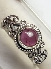 GARNET CAB IN TRENDY FILIGREE & HALO SET STL. SILVER.925 RING SIZE 8.25-8.5
