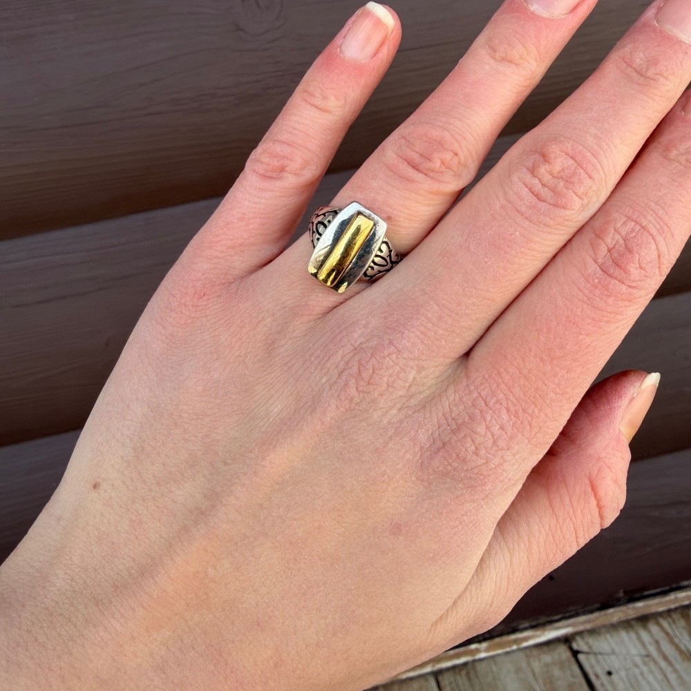 Silver & Gold Two Tone Mixed Metal Statement Ring Sz 7.5-8 Boho Artisan Filigree