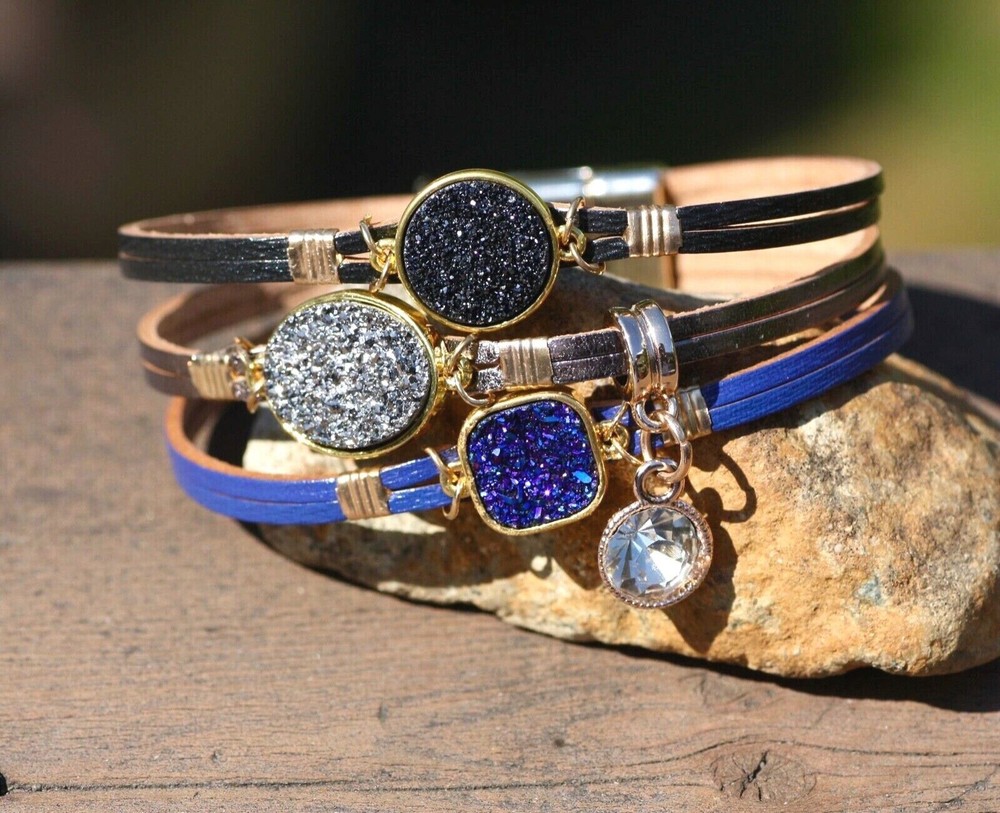 Metallic Colors Druzy Cuff Bracelet , Black, Grey , Blue , Magnetic Clasp