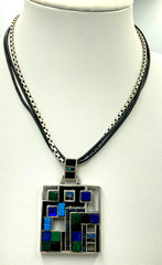 Chico’s Necklace Pendant Silver Tone Geometric Mosaic Blue Green Tile Rhinestone