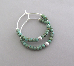 Turquoise Glass Hoop Earrings Silver Plated Beaded Boho Urban Earrings