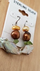 Genuine PEARL& STONE Earrings, 1.75″ long, 925 Sterling SILVER, Hand Made in USA