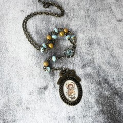 Little Girl in Bonnet and Apron Glass Cabochon, Czech Glass Powder Blue Beads