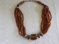 Brown Glass Tube & Resin Bead Necklace Silver Tone Metal Multi Strand