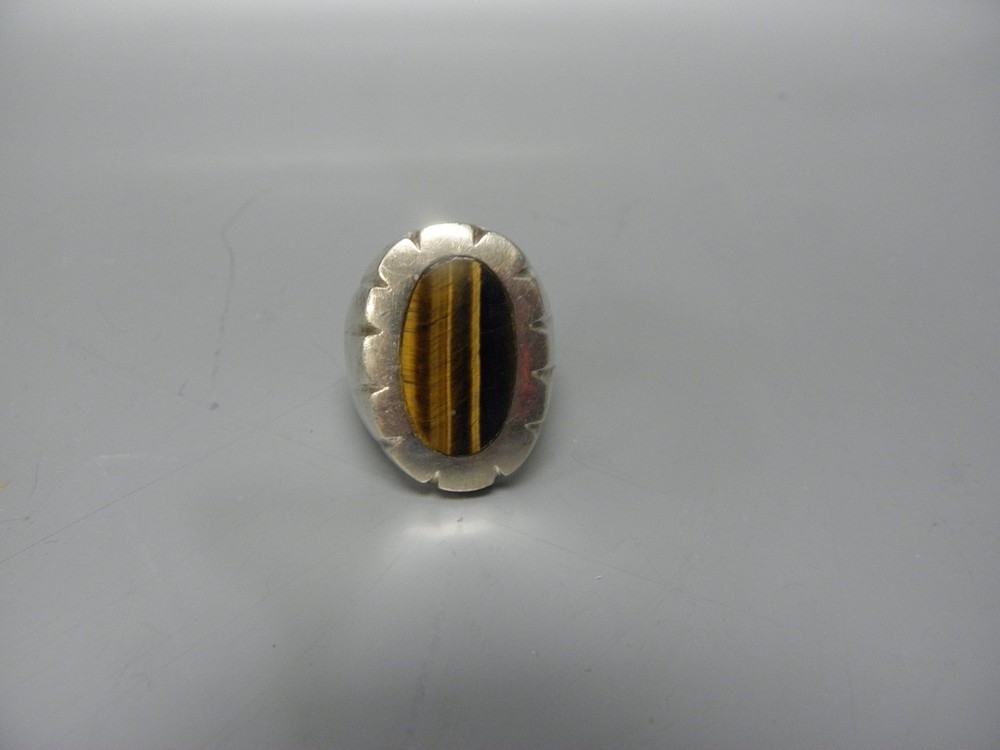 LARGE HEAVY 925 SILVER AND TIGER EYE MEN’S RING 1oz SIZE 10.5 MARKED TH-78 925