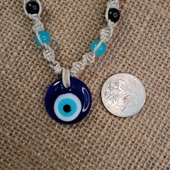 Natural Hemp Necklace w/ Evil Eye Charm & Beads, 18-23 inch Ready to Ship