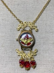 Bat Necklace- Bat On Red Leaf In Watch Case, Red Glass Beads, Gold Tone, 18-20”