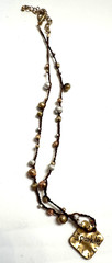 Brass «Sparkle» Charm Pendant Beaded Necklace Brown Cord