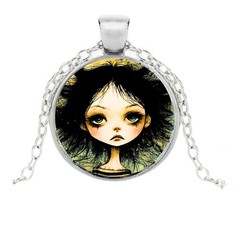 Whimsical Big-Eyed Girl Art Pendant Necklace 1″ Glass Cabochon, With Gift Box
