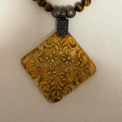 Tigers Eye Beaded Necklace Textured Square Pendant Boho Artisan Jewelry 18 in