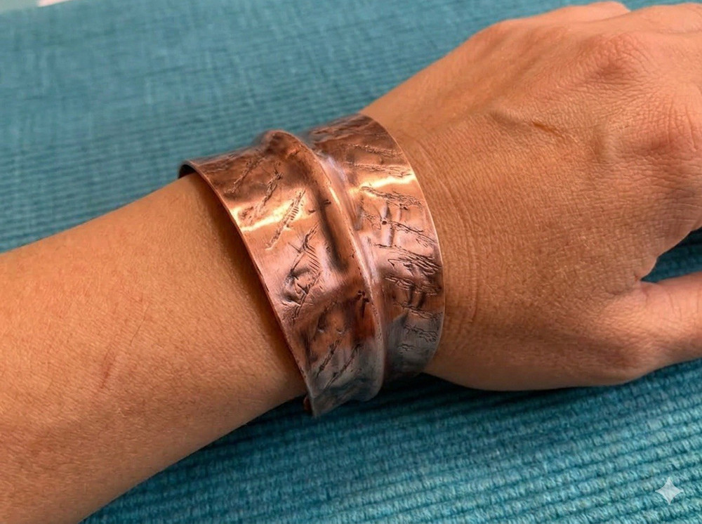 Rustic wide Handcrafted Copper Cuff Bracelet Adjustable Unisex Adults 7 inch