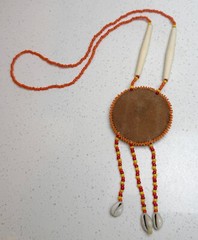 Handmade Beaded Medallion Necklace Red Yellow Bone Beads Cowrie Shells