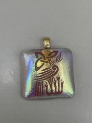 Dichroic Art Glass Square 1.25” Pendant Red Calligraphy Celtic Viking Design