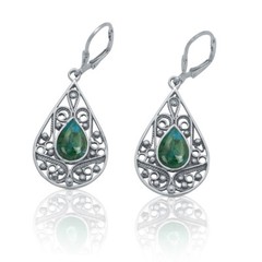 Sterling Silver & Blue Green Eilat Stone Teardrop Filigree Womens Earrings