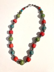 Moroccan EthnicNatural Red CORAL Bead & Turquoise Bead Necklace W Silver Spacers