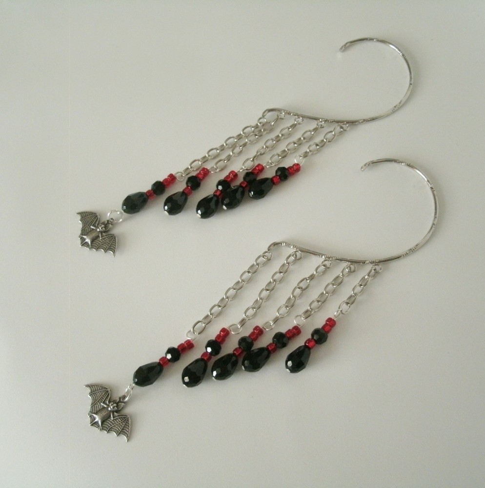 Gothic Bat Ear Cuff: Black Red Beads, Silver Plated Chain, Non-Piercing Earrings