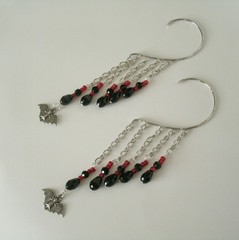 Gothic Bat Ear Cuff: Black Red Beads, Silver Plated Chain, Non-Piercing Earrings