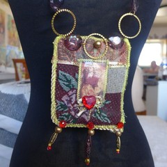 Handmade Crocheted art Necklace Cotton Fabric embroidered crocheted+ Beads
