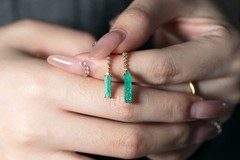 Colombian Raw Emerald Diamond Drop Earrings in 14K Yellow Gold