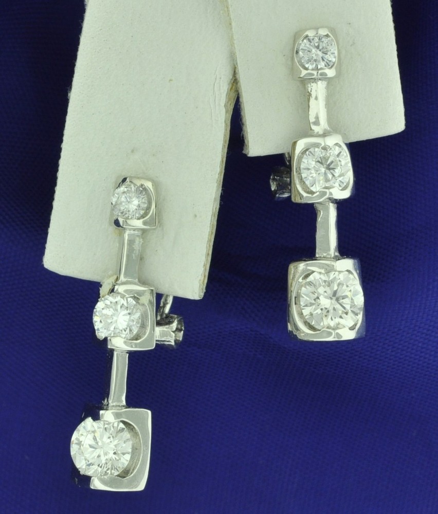 14k Solid White gold Natural Diamond dangling earring 1.30 ct 3 stone omega back