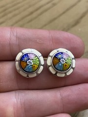 ALAN K MURANO MILLEFIORI Round Stud Sterling Silver 925 Signed Earrings