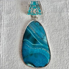 Large Teal Sliced Agate Geode Stone Pendant Enamel Slide Bale