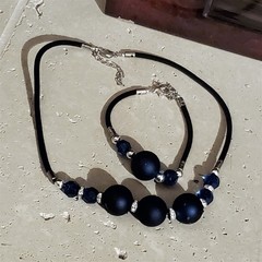 Rubber Coated Vintage Beads Blue Black and Silver Necklace Bracelet Jewelry Set
