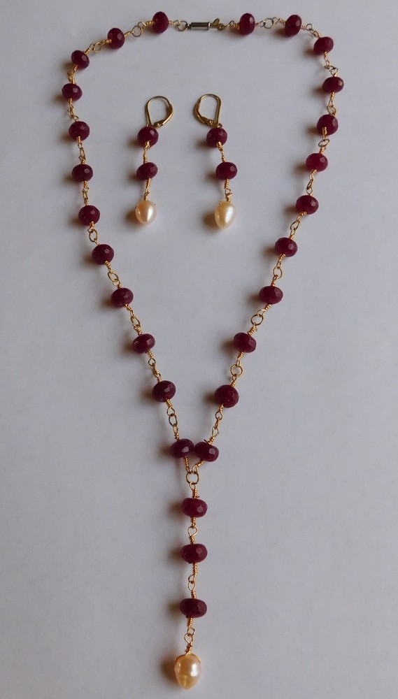 Artisan Lavaliere Indian Mud Ruby Pearl Necklace Drop Earrings Set Hand Made