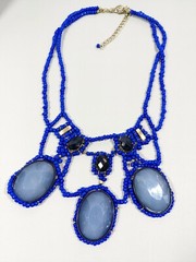 Artisan Gold Tone Blue Glass Bead Acrylic Cabochon Statement Necklace 20 inches