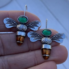 Green And Amber Retro Bohemian Bee & Antique Silver Statement Earrings