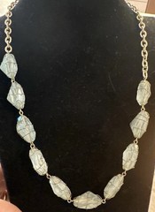 Vtg Wire Wrap Sea Glass/ Clear Stone Look Necklace Light Green Gold Tone Chain