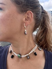 Green Scarab Layered Pearl Collar and Earrings, Egyptian inspired