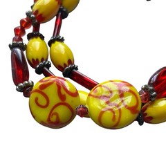 Handmade Lampwork Glass Bead Wrap Bracelet Yellow Red Silver