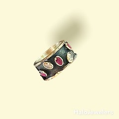 Handmade 925 Sterling Silver Black Brilliant Cut Oval CZ and Rubies Stone Ring