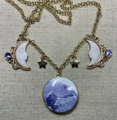 Crescent Moon Necklace- Purple, White & Gold Tone, Stars, 20” Circumference