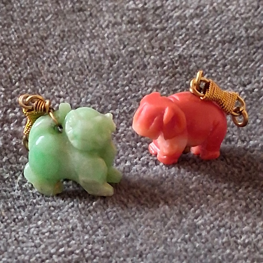 Vintage Carved Coral Elephant & Green Stone Guardian Lion Charms With 14K Gold