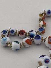 Murano Millefiori White Milk Glass Graduated & Knotted Brass Cap Bead Necklace