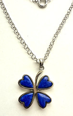 Rhodium Heart Shaped Lapis 4 Leaf Clover 1 1/2″ Pendant and 18″ Rolo Chain
