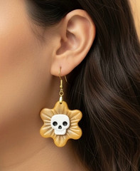 Yellow & Gold Skull Sunflower Handmade Polymer Clay Dangle Halloween Earrings SS