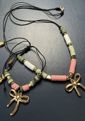 Pink, Green, White, Gold, Black Bow Charm Bead and Nylon Necklace-Bracelet Set