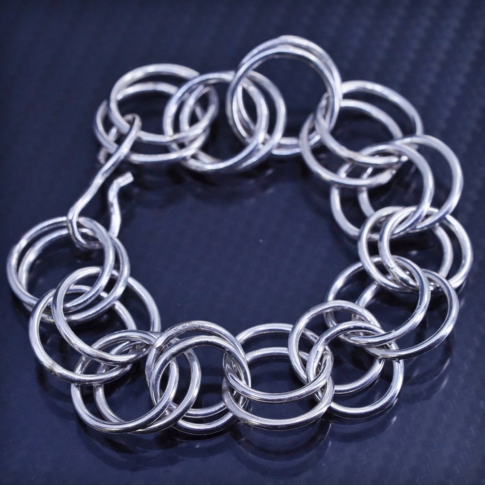 6”, vintage 925 Sterling Silver huge Multi entwined Circle Link Toggle Bracelet