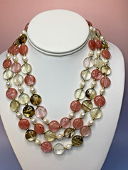 3 Strand Statement Necklace Peach, Brown and Clear beads with F/W pearls