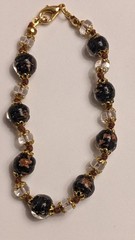Vintage Art Glass Beaded Bracelet Black w/Gold Confetti Handmade Asian Style
