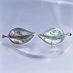 vtg Mexican PA Sterling 925 silver handmade earrings, leaf screw back abalone