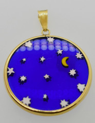 Murano Glass Millefiori Pendant Moon and Stars On Blue in 18K Gold Bezel